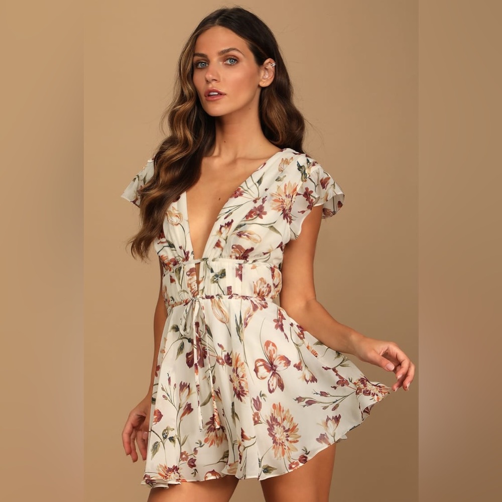 Lulus Flirty Ways Cream Floral Print Flutter Sleeve Romper - Picture 1 of 12